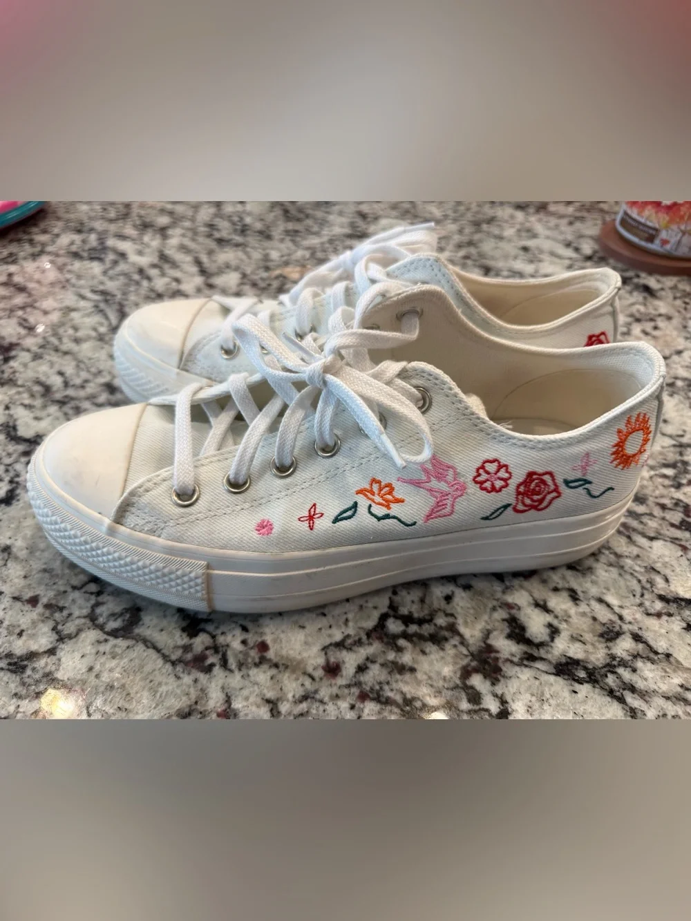 White Floral Embroidered Low-Top Platform Converse - Picture 2 of 9